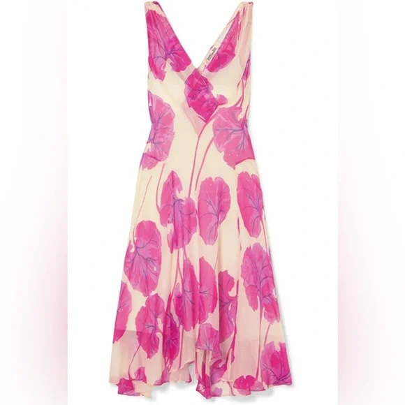Diane Von Furstenberg Dita Silk Crepon Dress -Pink & White Kimono Leaf Size S - Picture 2 of 9